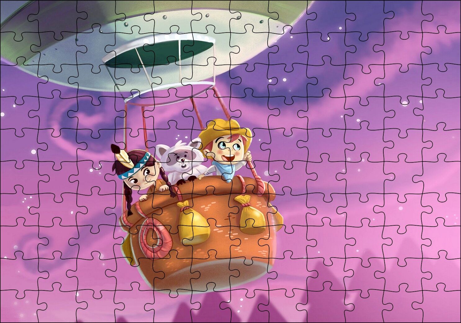 Sıcak Hava Balonunda Çocuklar ve Rakun Puzzle Yapboz MDF Ahşap