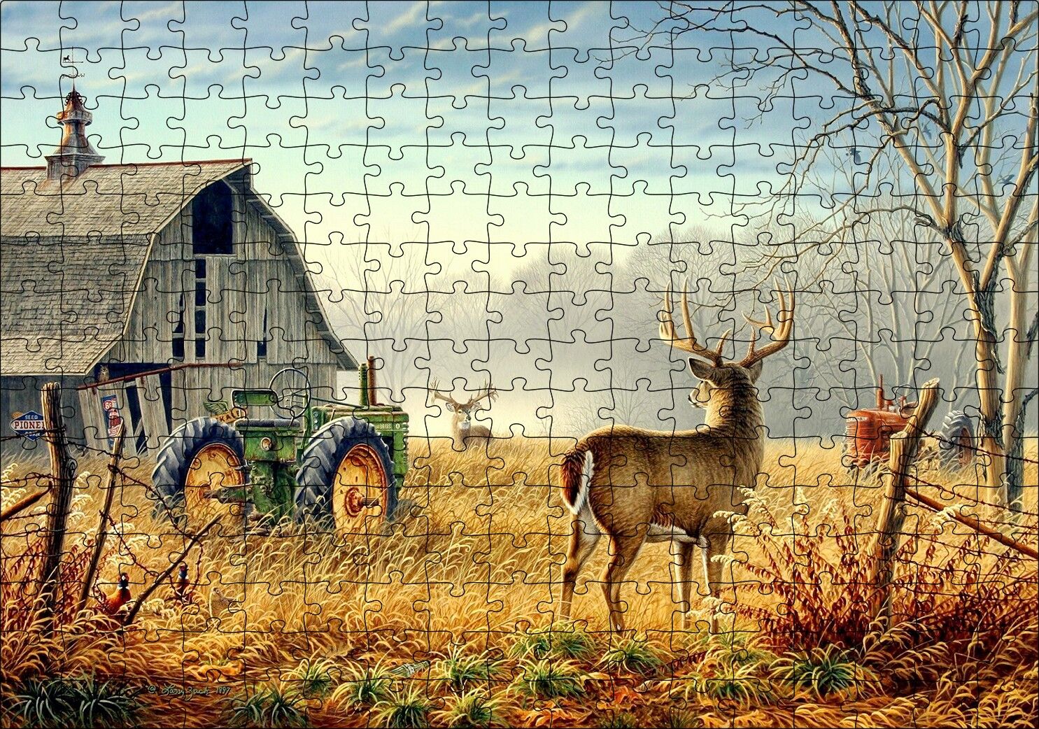 Köy Evi Traktör ve Geyikler Puzzle Yapboz MDF Ahşap 255 Parça 34 cm X 49 cm