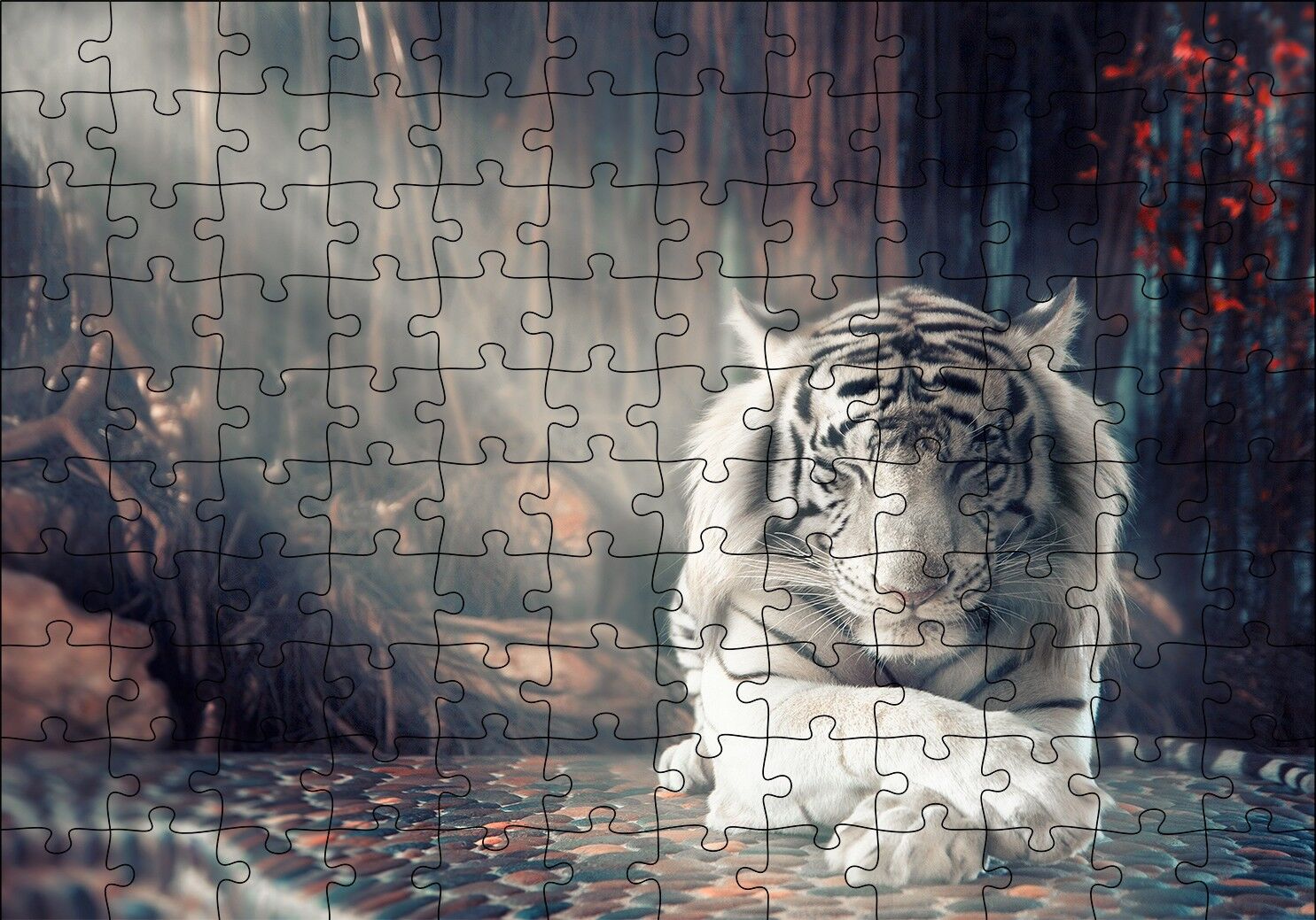 Ormanda Uyuyan Beyaz Kaplan ve Güneş Işıkları Puzzle Yapboz MDF Ahşap