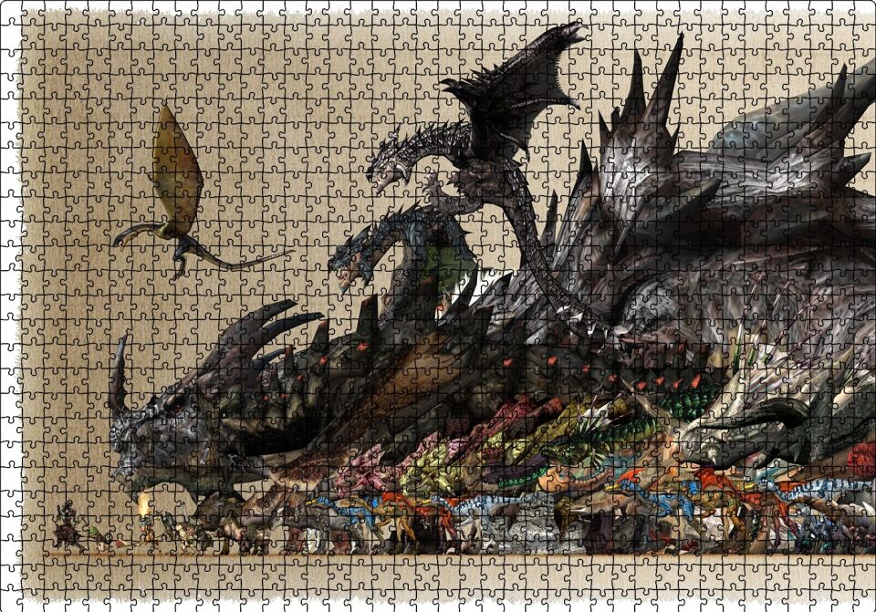 Canavar Avcısı Ejderhalar ve Avcılar Puzzle Yapboz MDF Ahşap 1000 Parça 49 cm X 68 cm