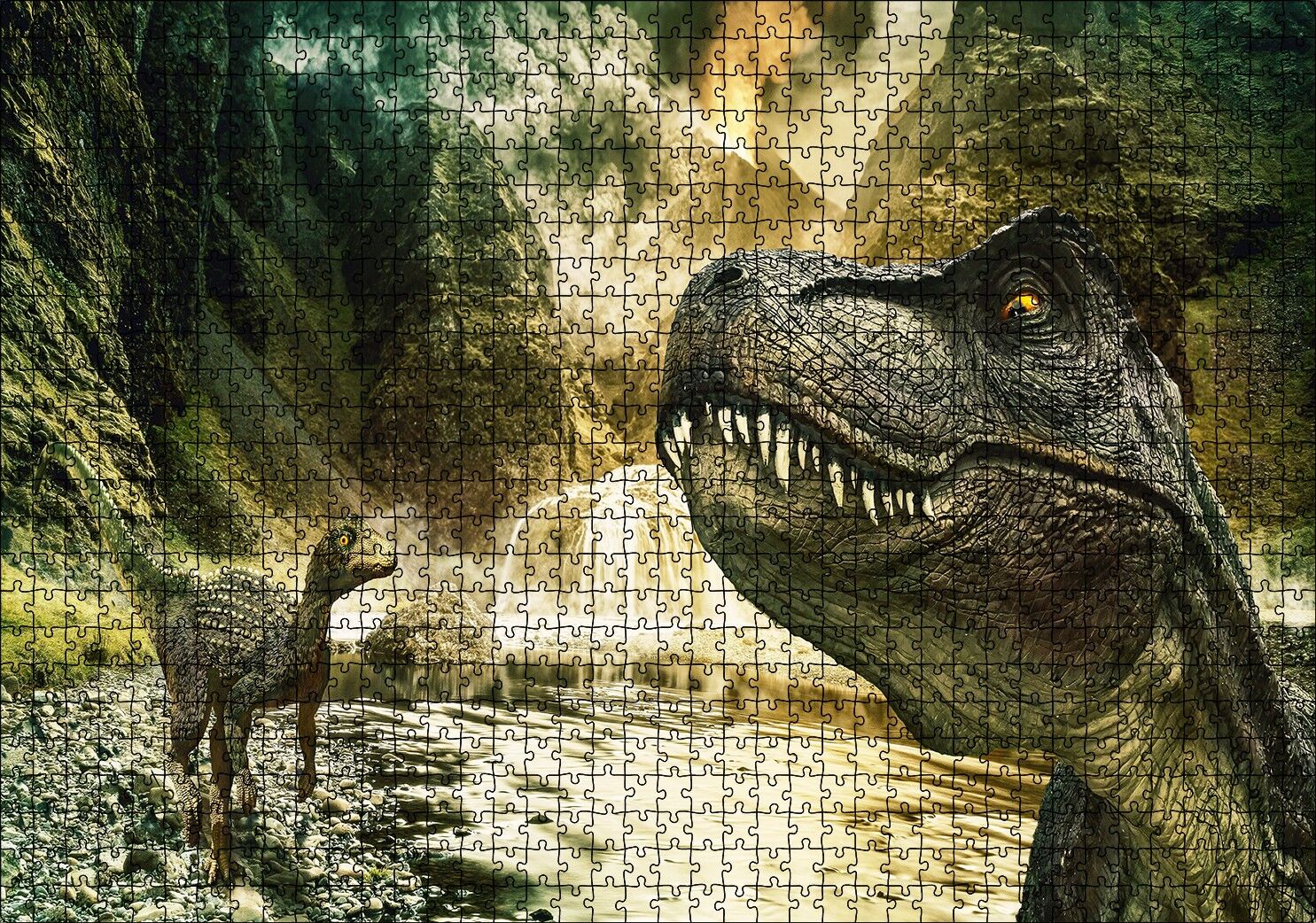 Tyrannosaurus Rex ve Raptor Nehir Kenarında Puzzle Yapboz MDF Ahşap 1000 Parça 49 cm X 68 cm
