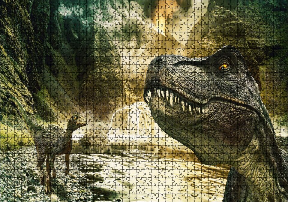 Tyrannosaurus Rex ve Raptor Nehir Kenarında Puzzle Yapboz MDF Ahşap 1000 Parça 49 cm X 68 cm