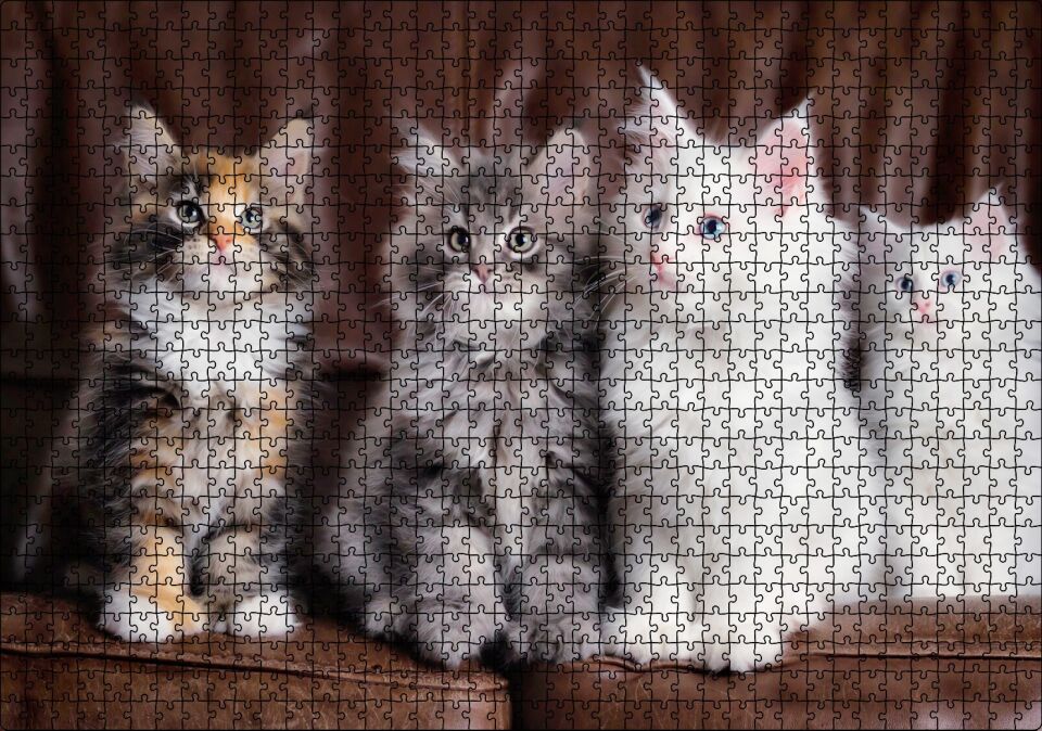 Kahverengi Deri Koltukta Sevimli 4 Kedi Puzzle Yapboz MDF Ahşap 1000 Parça 49 cm X 68 cm