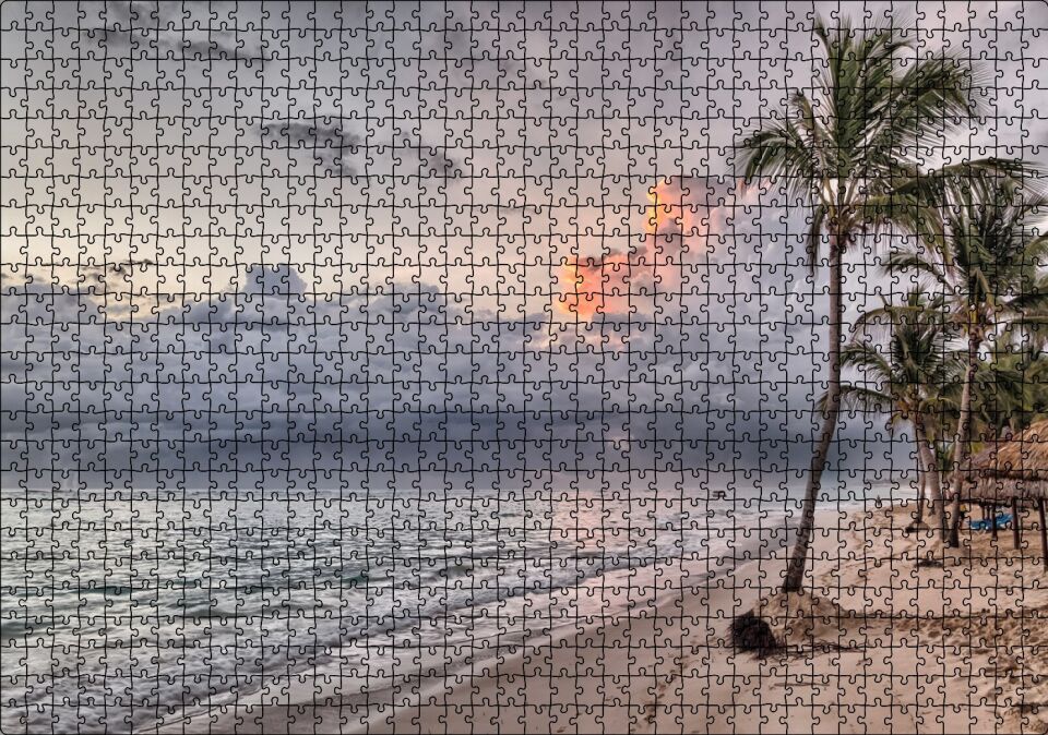 Gündoğumu Issız Kumsal Palmiyeler ve Bulutlar Puzzle Yapboz MDF Ahşap 1000 Parça 49 cm X 68 cm