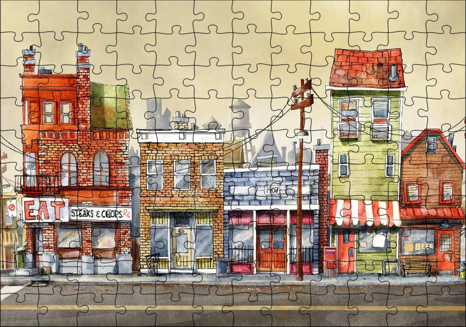 Sokakta Binalar ve Dükkanlar Karikatürize Puzzle Yapboz MDF Ahşap