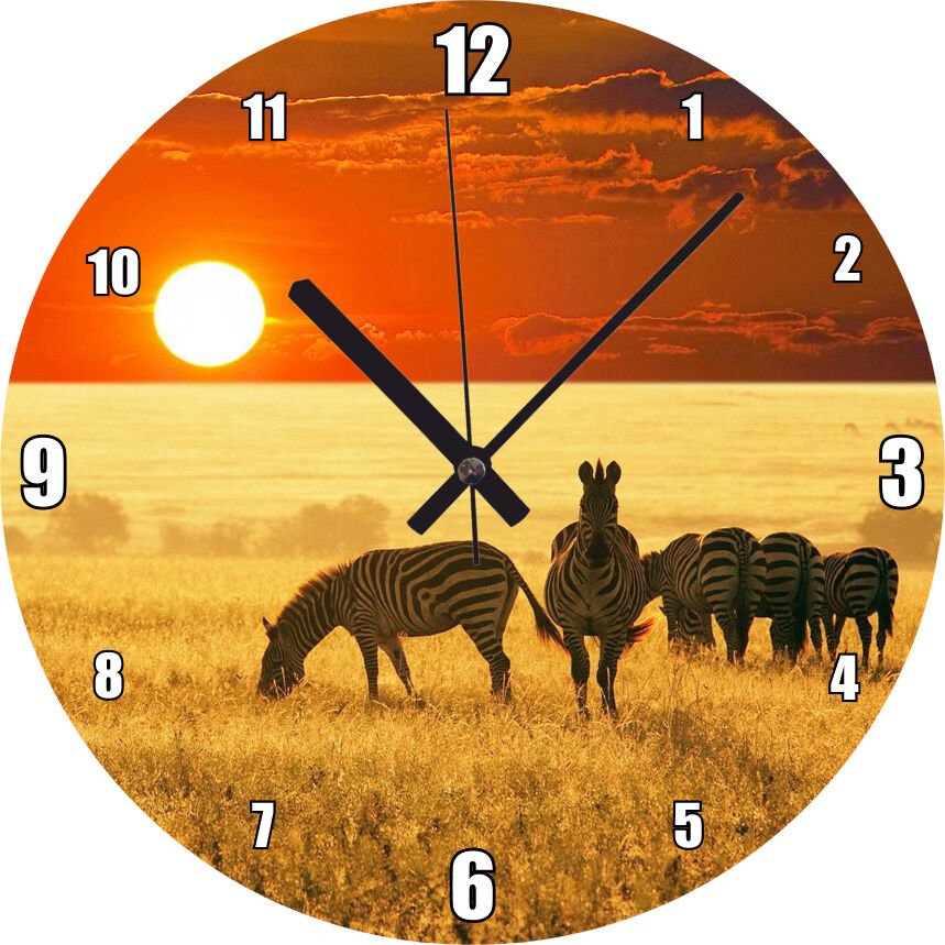 Günbatımında Savanada Zebralar Mdf Ahşap Duvar Saati