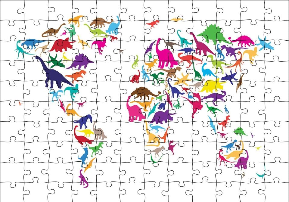 Dinozorlardan Oluşan Dünya Haritası Puzzle Yapboz MDF Ahşap