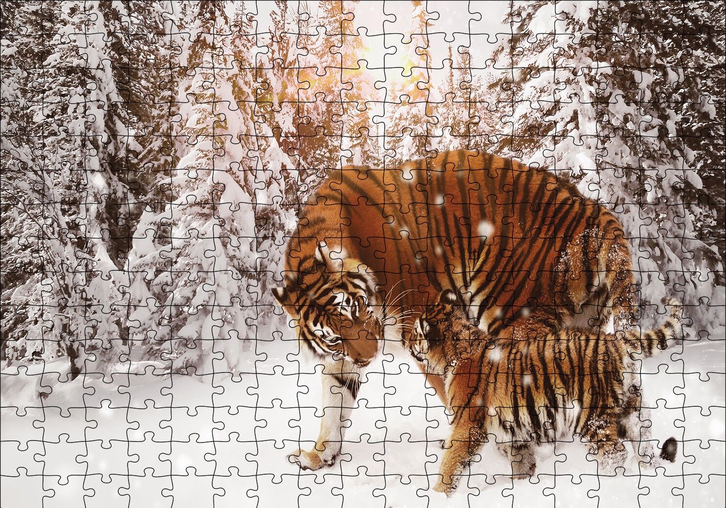 Kaplan ve Yavrusu Karda Puzzle Yapboz MDF Ahşap 255 Parça 34 cm X 49 cm