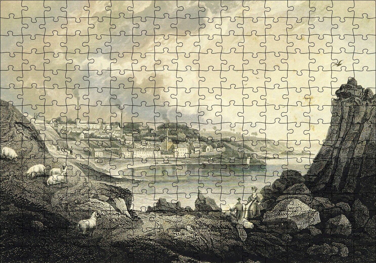 Koyda Binalar Yamaçta Koyunlar Puzzle Yapboz MDF Ahşap 255 Parça 34 cm X 49 cm