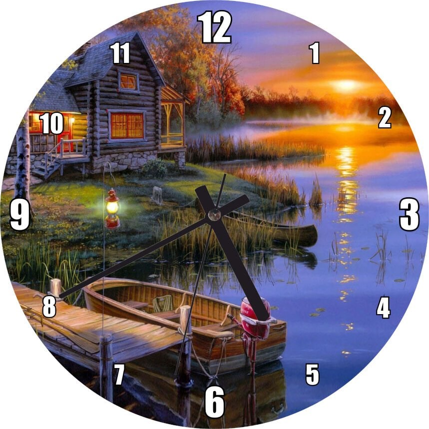 Günbatımında Göl Ağaç Ev ve Kayıklar Mdf Ahşap Duvar Saati