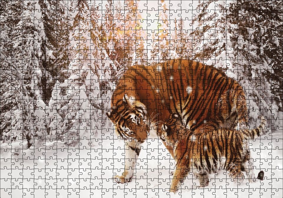 Kaplan ve Yavrusu Karda Puzzle Yapboz MDF Ahşap 500 Parça 49 cm X 68 cm