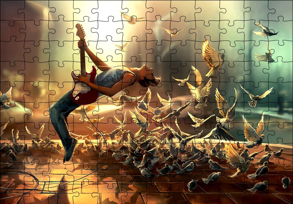 Elektrogitar Güvercinler ve Güneş Işıkları Puzzle Yapboz MDF Ahşap 120 Parça 24 cm X 34 cm