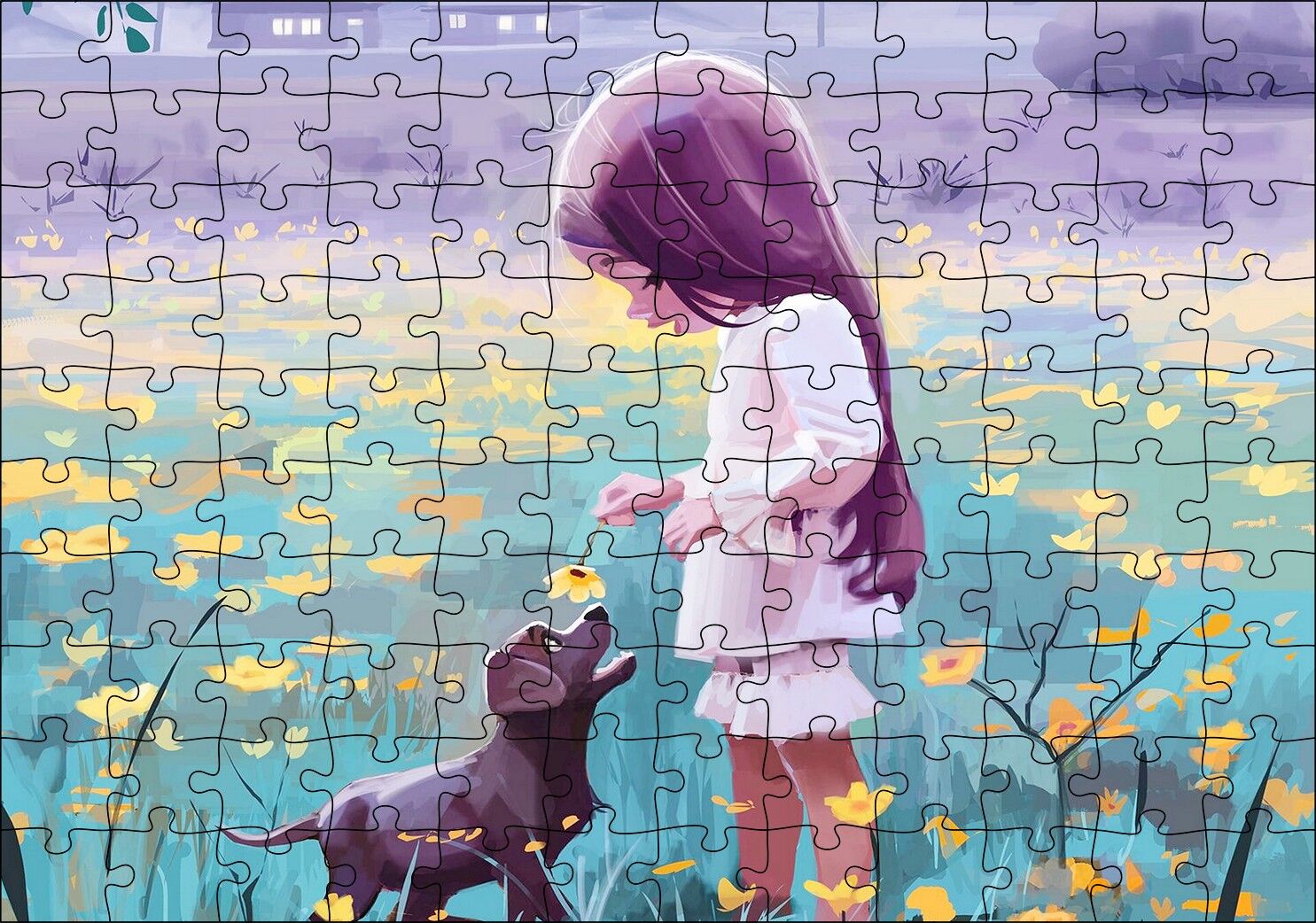 Küçük Kız Sarı Çiçekler ve Yavru Köpek Puzzle Yapboz MDF Ahşap 120 Parça 24 cm X 34 cm