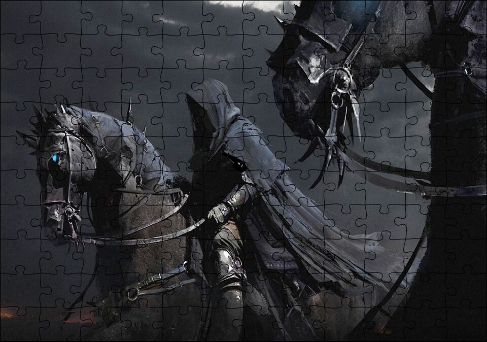 Kara Koşumlu Kara Atlar ve Kara Pelerinli Süvari Puzzle Yapboz MDF Ahşap 120 Parça 24 cm X 34 cm