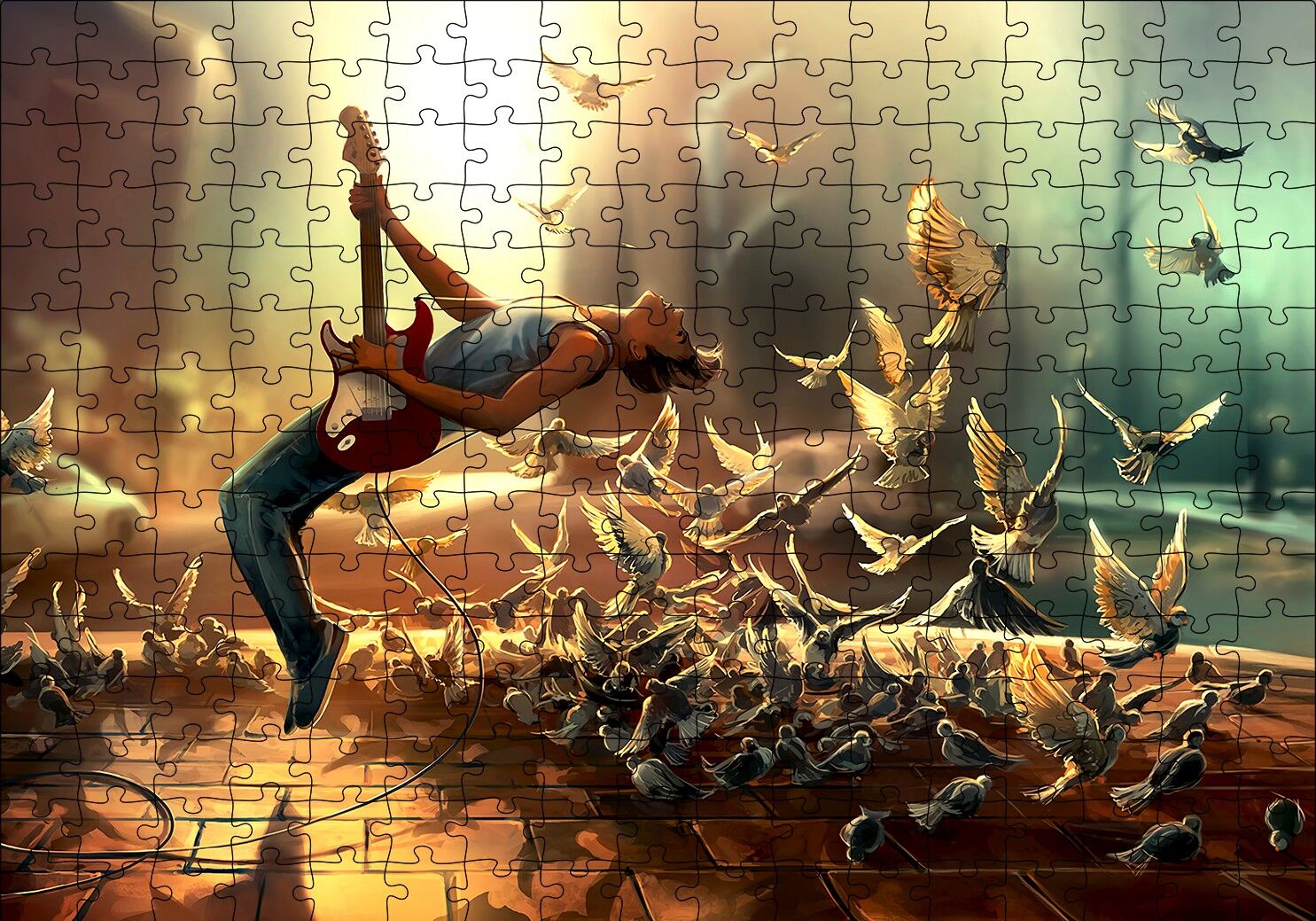 Elektrogitar Güvercinler ve Güneş Işıkları Puzzle Yapboz MDF Ahşap 255 Parça 34 cm X 49 cm
