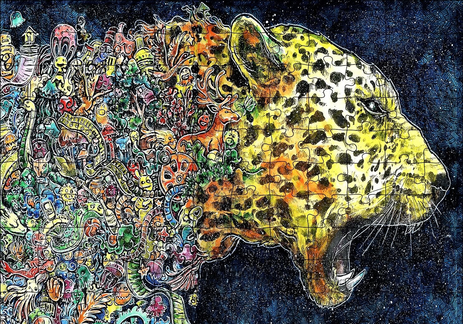 Renkli Karışık Objelerden Oluşan Leopar Puzzle Yapboz MDF Ahşap