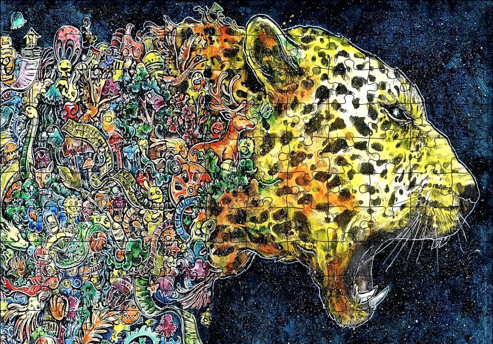 Renkli Karışık Objelerden Oluşan Leopar Puzzle Yapboz MDF Ahşap