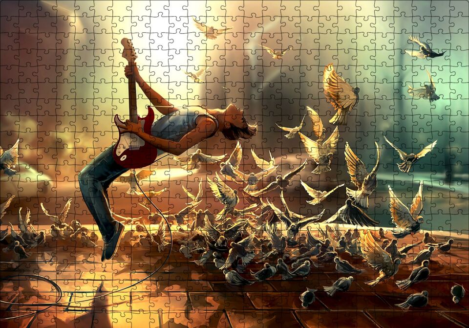 Elektrogitar Güvercinler ve Güneş Işıkları Puzzle Yapboz MDF Ahşap 500 Parça 49 cm X 68 cm
