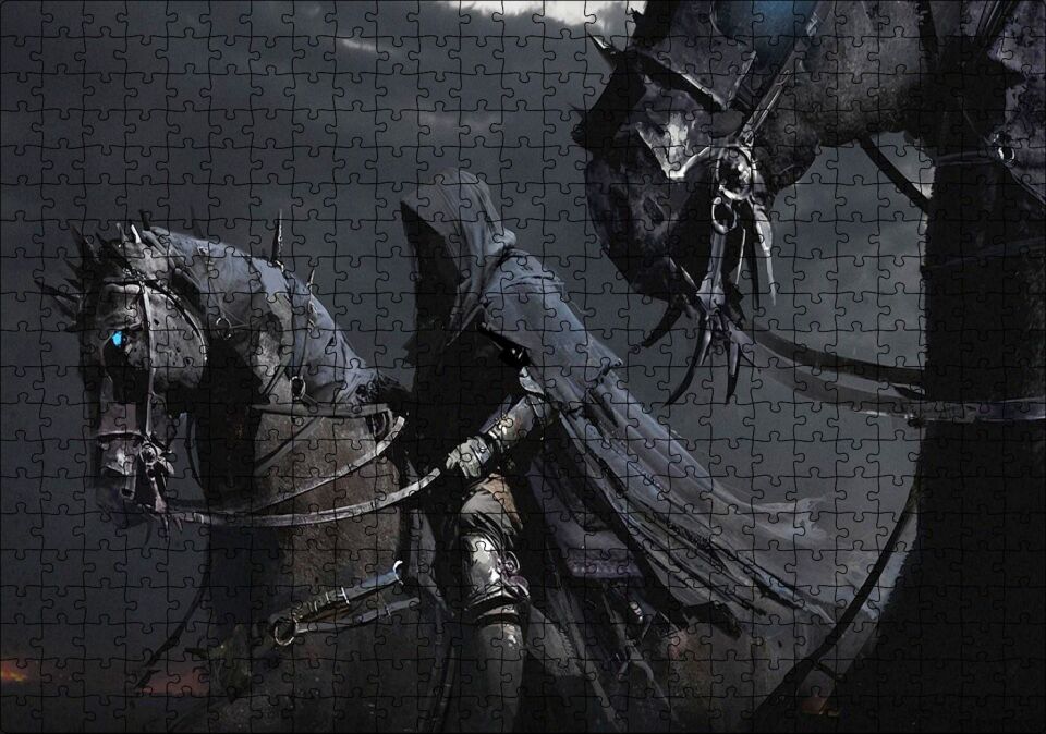 Kara Koşumlu Kara Atlar ve Kara Pelerinli Süvari Puzzle Yapboz MDF Ahşap 500 Parça 49 cm X 68 cm