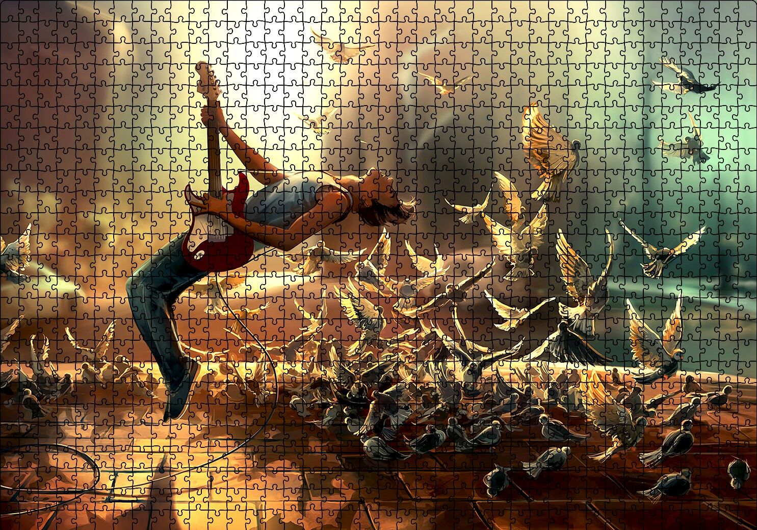 Elektrogitar Güvercinler ve Güneş Işıkları Puzzle Yapboz MDF Ahşap 1000 Parça 49 cm X 68 cm