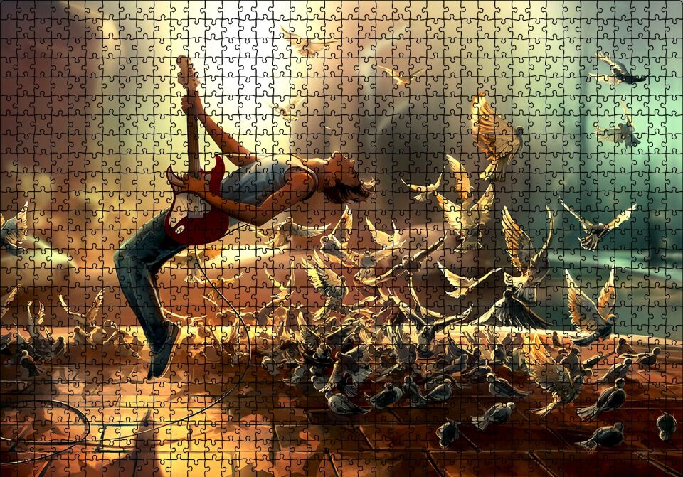 Elektrogitar Güvercinler ve Güneş Işıkları Puzzle Yapboz MDF Ahşap 1000 Parça 49 cm X 68 cm
