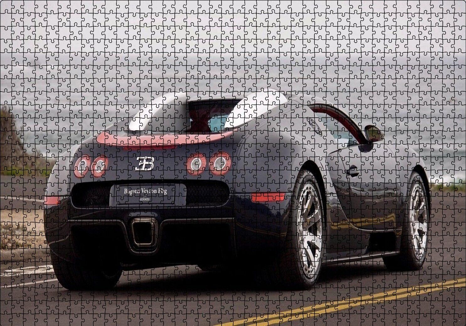 Siyah Bugatti Veyron ve Deniz Puzzle Yapboz MDF Ahşap 1000 Parça 49 cm X 68 cm