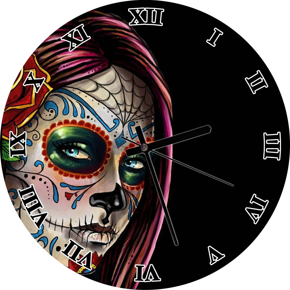 Siyah Zeminde Meksika Catrina Makyajı Mdf Ahşap Duvar Saati 50 cm Çap