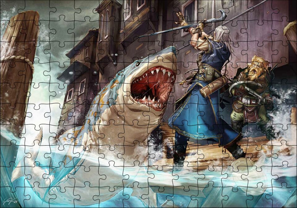 Vikingler ve Saldıran Köpekbalığı İllüstrasyon Puzzle Yapboz MDF Ahşap 120 Parça 24 cm X 34 cm