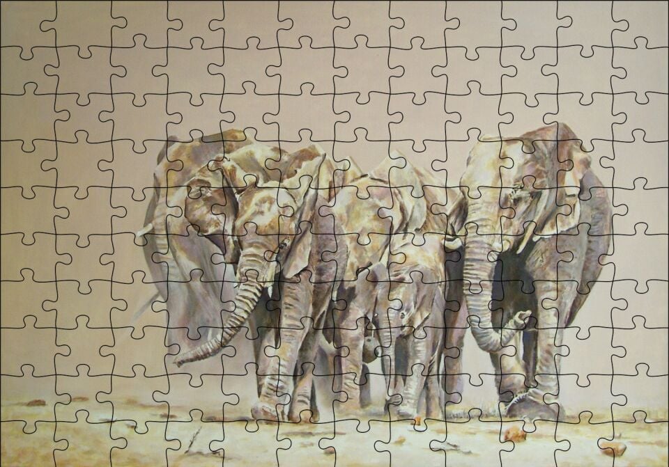 Fil Sürüsü ve Tozlu Topraklar Puzzle Yapboz MDF Ahşap