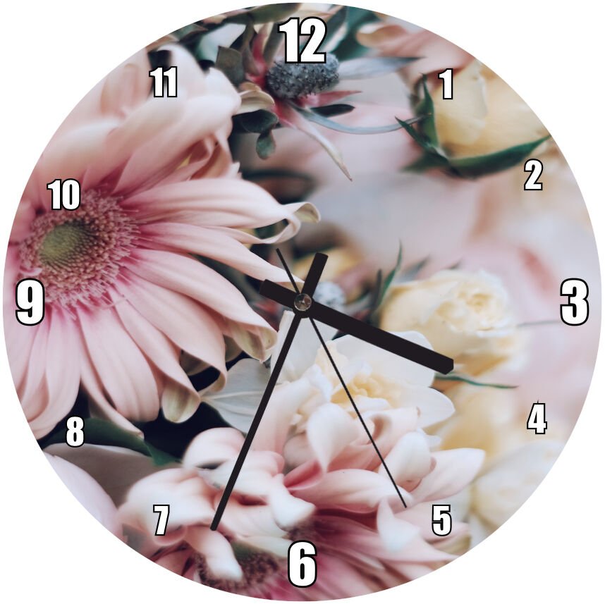 Pembe Karizantem Çiçeği Ve Sarıgül Görseli Mdf Ahşap Duvar Saati 50 cm Çap