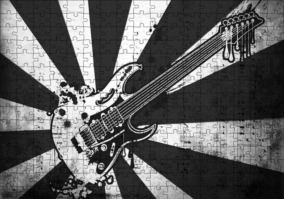 Elektrogitar Siyah Beyaz Kesitler Notalar Puzzle Yapboz MDF Ahşap 255 Parça 34 cm X 49 cm
