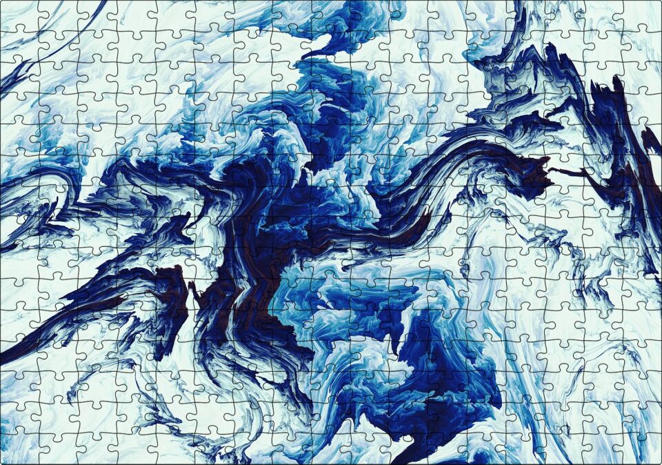 Karışan Mavi Beyaz Siyah Dalgalı Desenler Puzzle Yapboz MDF Ahşap 255 Parça 34 cm X 49 cm
