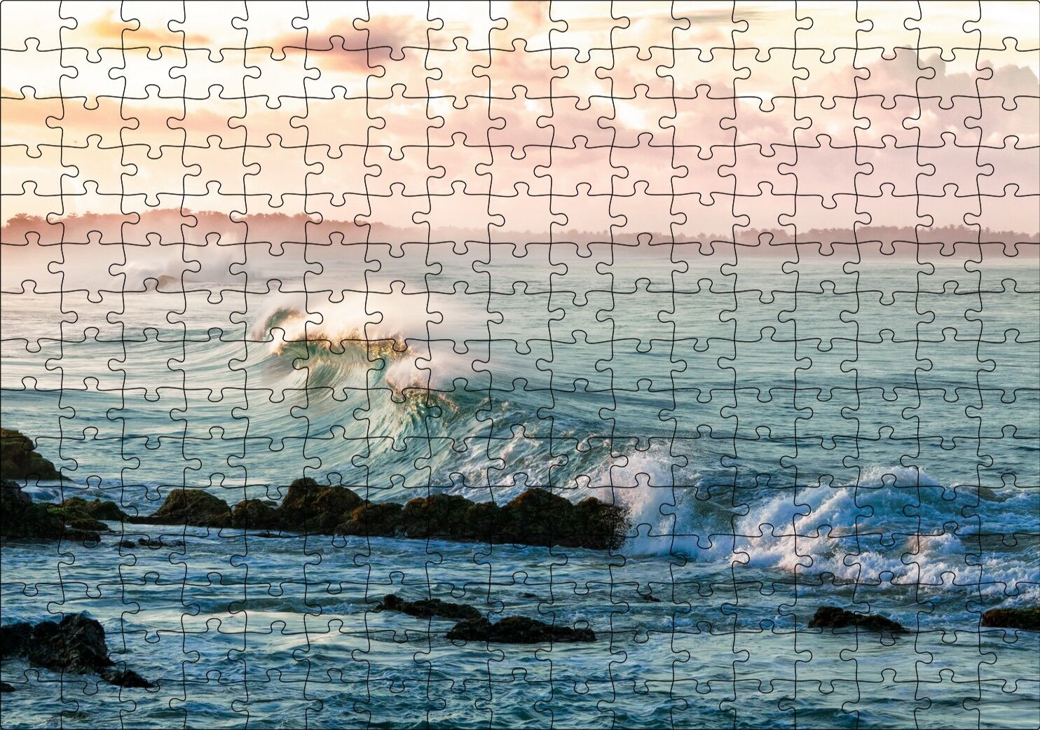 Gündoğumunda Okyanus Kıyısı ve Dalgalar Puzzle Yapboz MDF Ahşap 255 Parça 34 cm X 49 cm