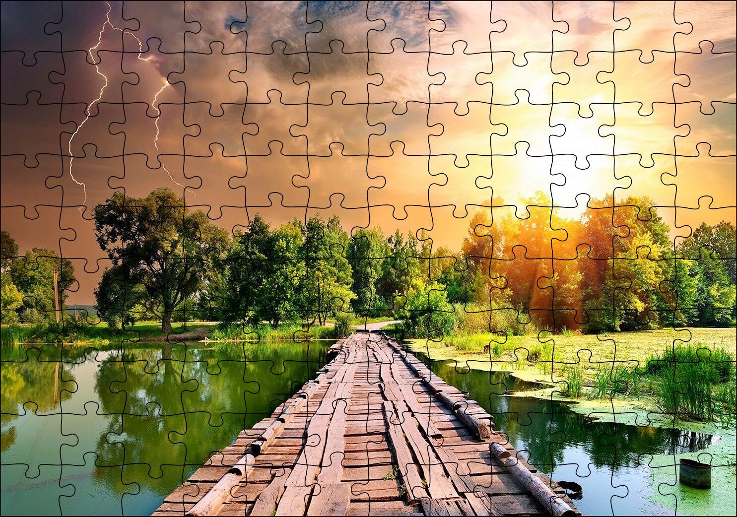 Tahta Köprü Göl Ağaçlar Bulutlu Güneş Görseli Puzzle Yapboz MDF Ahşap