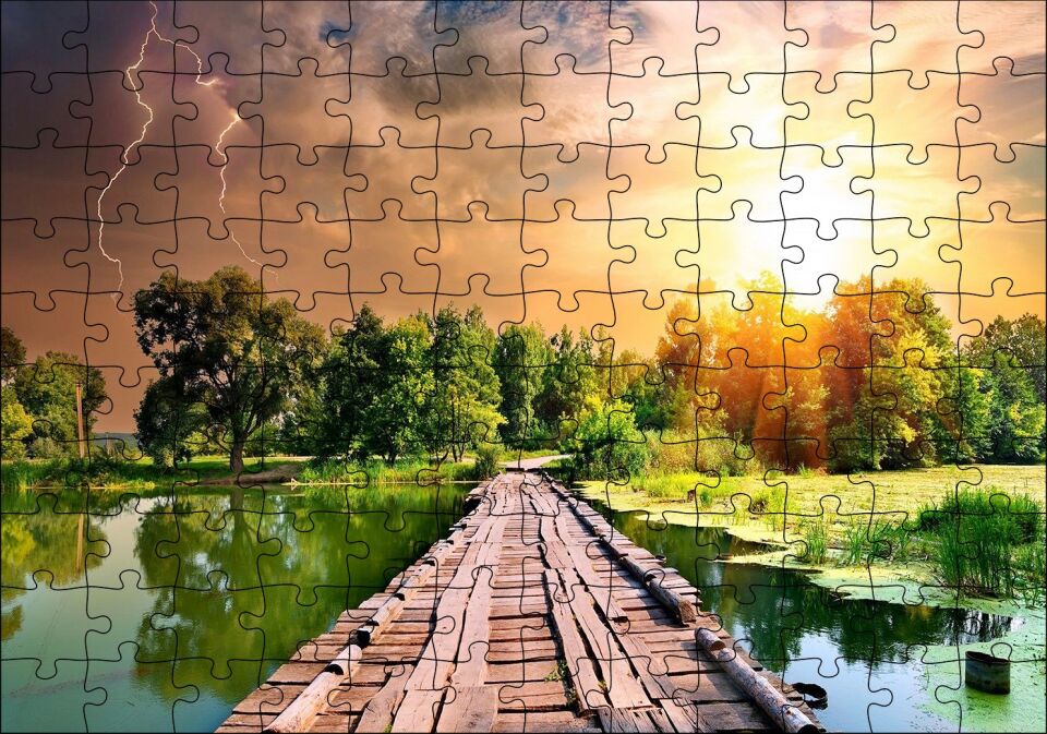 Tahta Köprü Göl Ağaçlar Bulutlu Güneş Görseli Puzzle Yapboz MDF Ahşap