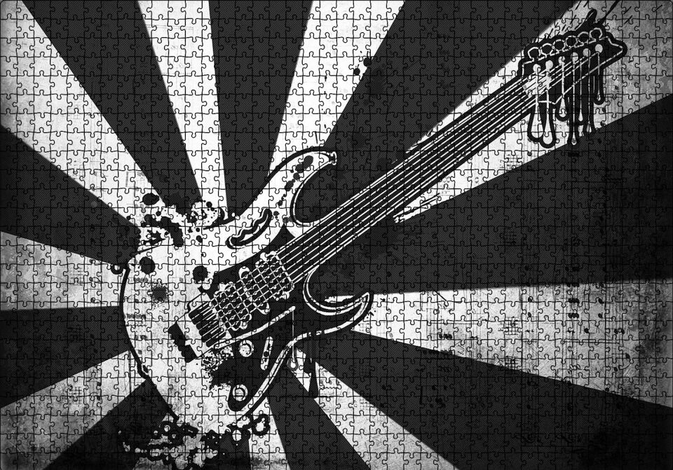 Elektrogitar Siyah Beyaz Kesitler Notalar Puzzle Yapboz MDF Ahşap 1000 Parça 49 cm X 68 cm