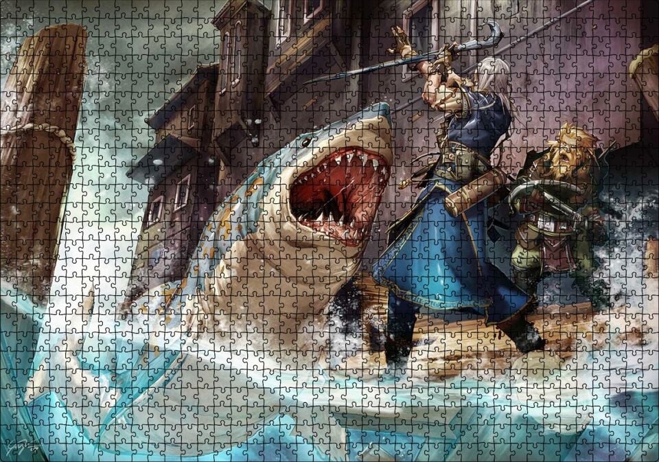 Vikingler ve Saldıran Köpekbalığı İllüstrasyon Puzzle Yapboz MDF Ahşap 1000 Parça 49 cm X 68 cm