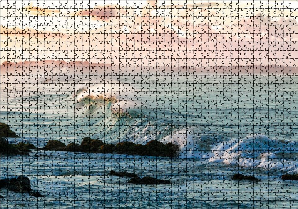 Gündoğumunda Okyanus Kıyısı ve Dalgalar Puzzle Yapboz MDF Ahşap 1000 Parça 49 cm X 68 cm