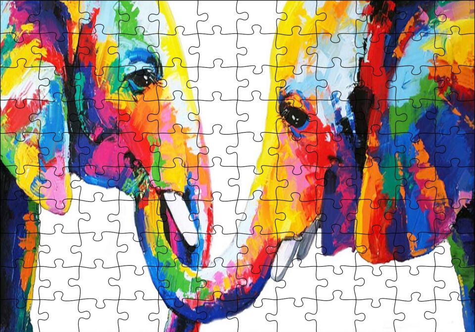 Gökkuşağı Filler Suluboya Mozaik Suluboya Puzzle Yapboz MDF Ahşap