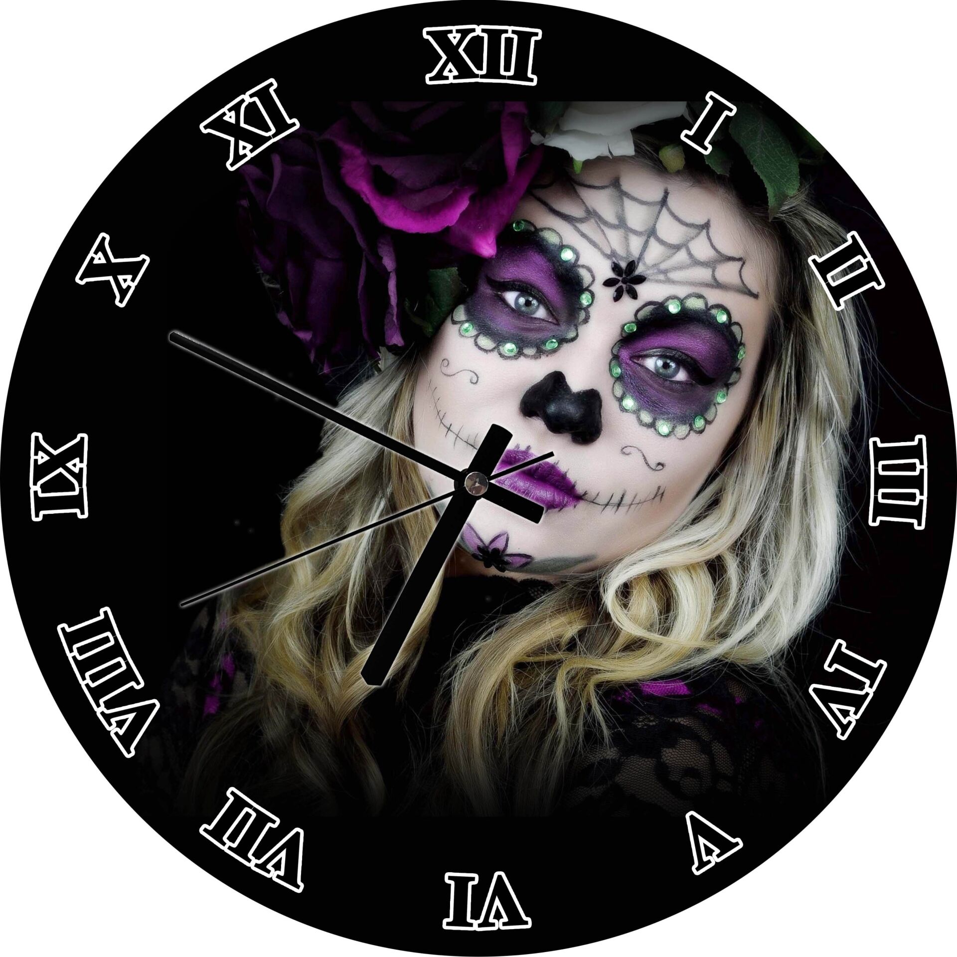 Meksika Catrina Makyajı Mdf Ahşap Duvar Saati 30 cm Çap