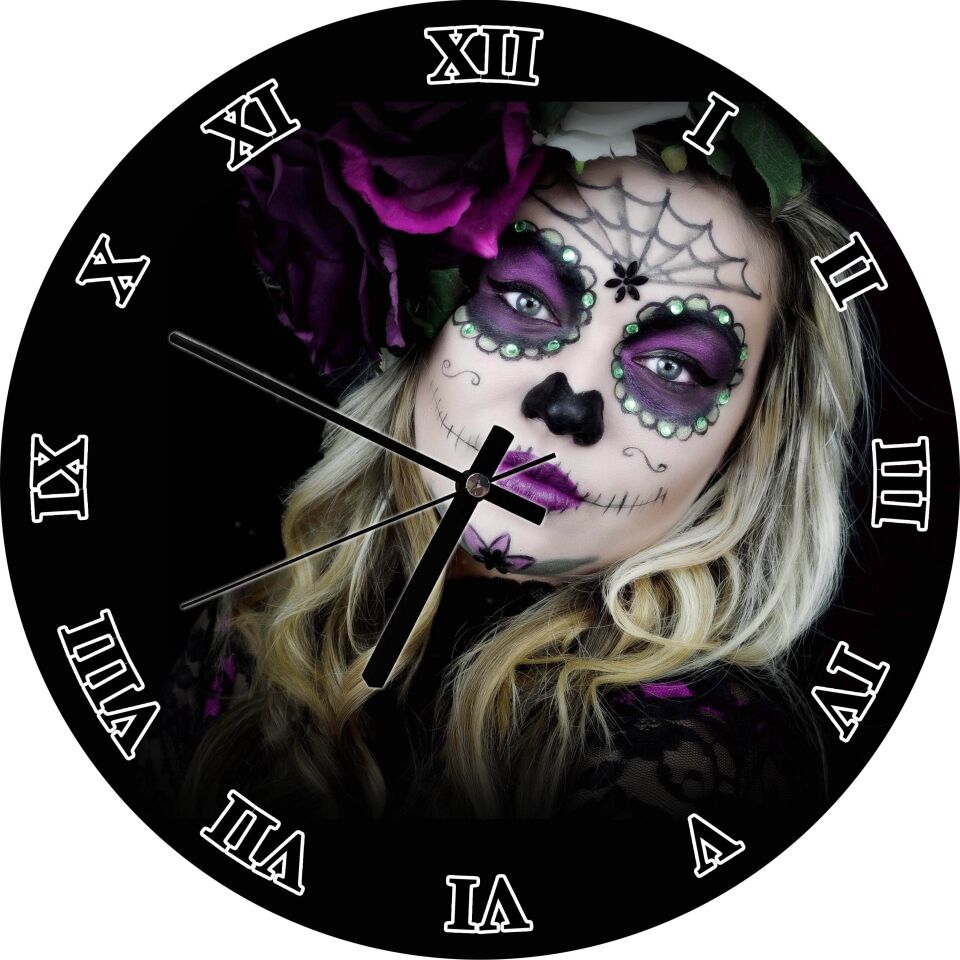 Meksika Catrina Makyajı Mdf Ahşap Duvar Saati 30 cm Çap