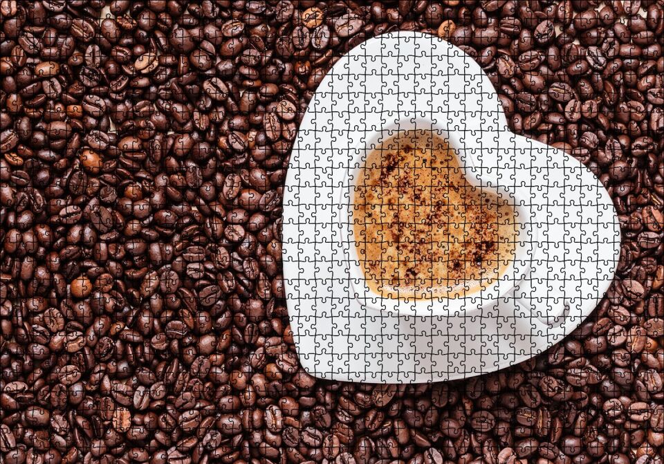 Kahve Çekirdekleri, Kalpli Fincanda Cappucino Puzzle Yapboz MDF Ahşap 1000 Parça 49 cm X 68 cm