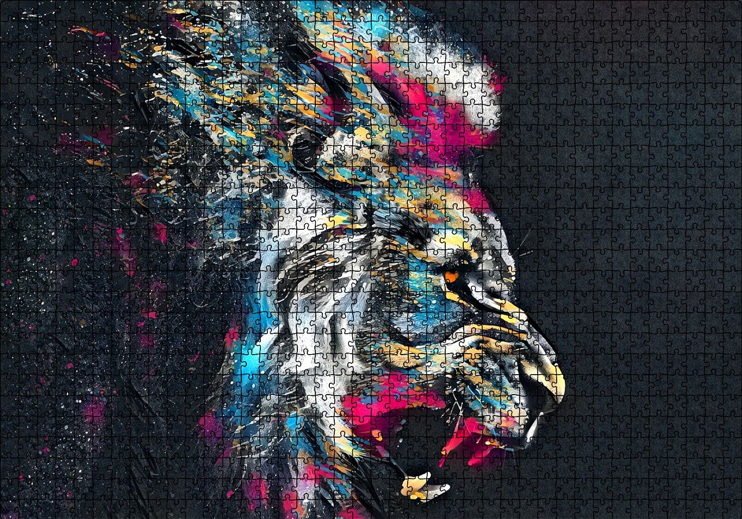 Erkek Aslan Renkli Fırça Darbeleri Siyah Zemin Puzzle Yapboz MDF Ahşap 1000 Parça 49 cm X 68 cm