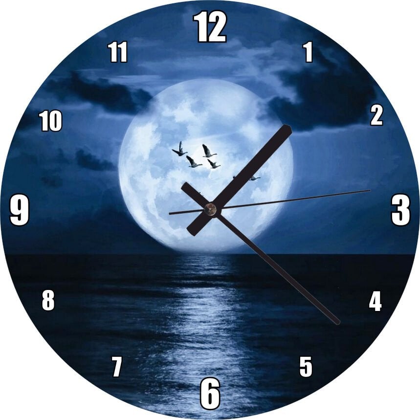 Deniz, Bulutlar, Kuşlar ve Süper Ay Mdf Ahşap Duvar Saati