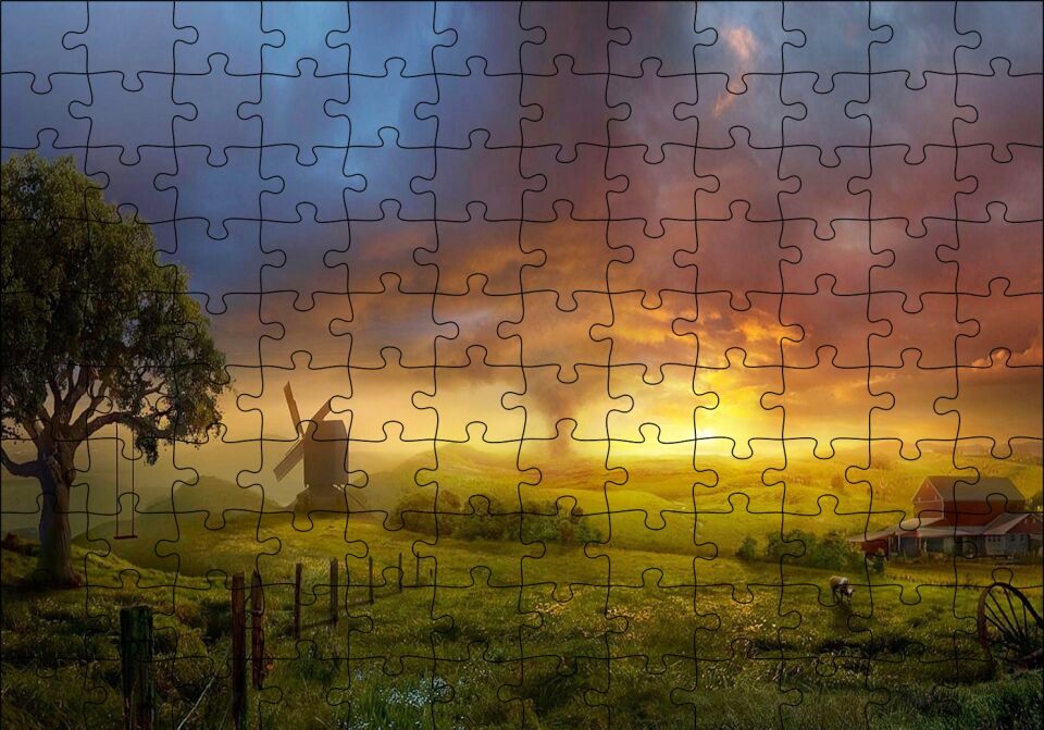Günbatımı Yeldeğirmeni ve Hortum Puzzle Yapboz MDF Ahşap