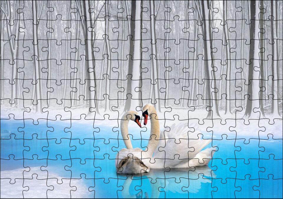 Karlı ve Buzlu Göldeki Romantik Kuğu Çifti Puzzle Yapboz MDF Ahşap 120 Parça 24 cm X 34 cm