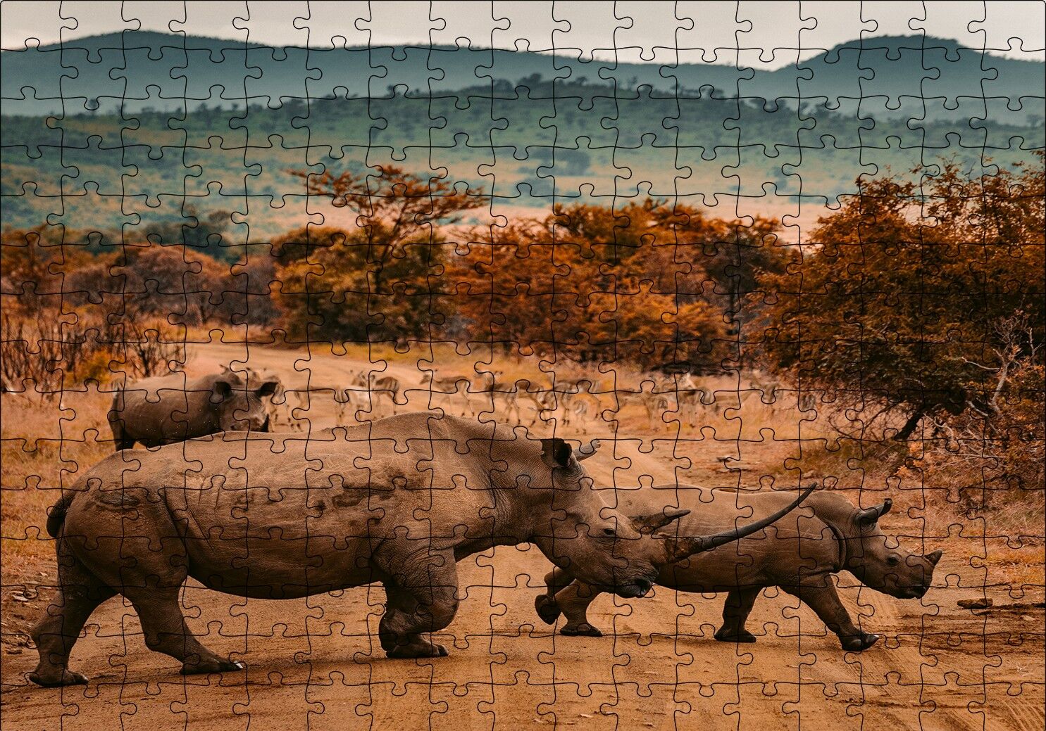 Muhteşem Boynuzlu Gergedan ve Yavrusu Puzzle Yapboz MDF Ahşap 255 Parça 34 cm X 49 cm