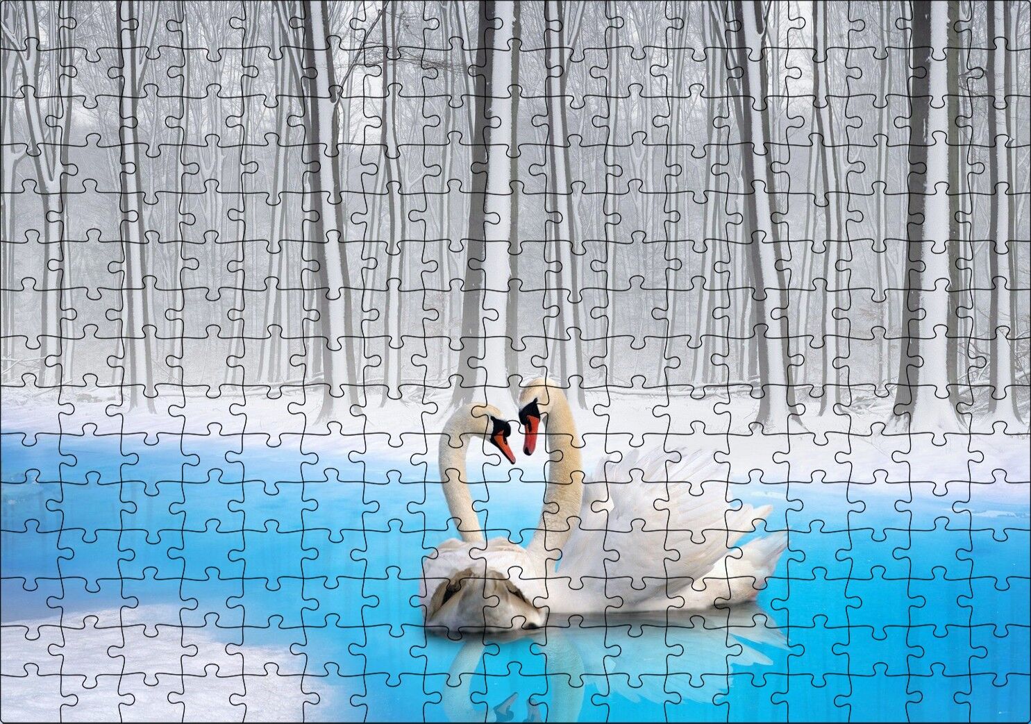 Karlı ve Buzlu Göldeki Romantik Kuğu Çifti Puzzle Yapboz MDF Ahşap 255 Parça 34 cm X 49 cm