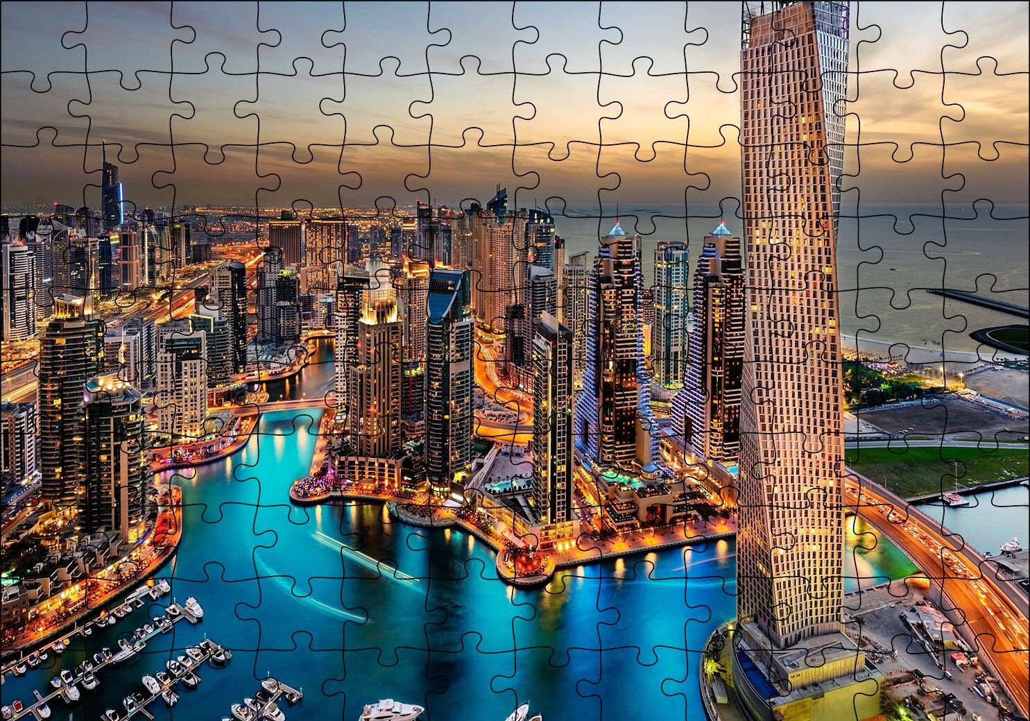 Günbatımında Gökdelenler ve Şehir Işıkları Puzzle Yapboz MDF Ahşap