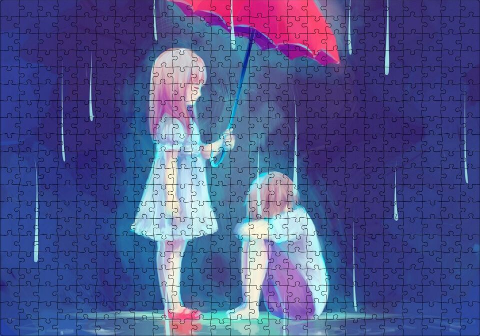Yağmurda Kırmızı Şemsiyeli Küçük Kız ve Erkek Çizim Puzzle Yapboz MDF Ahşap 500 Parça 49 cm X 68 cm